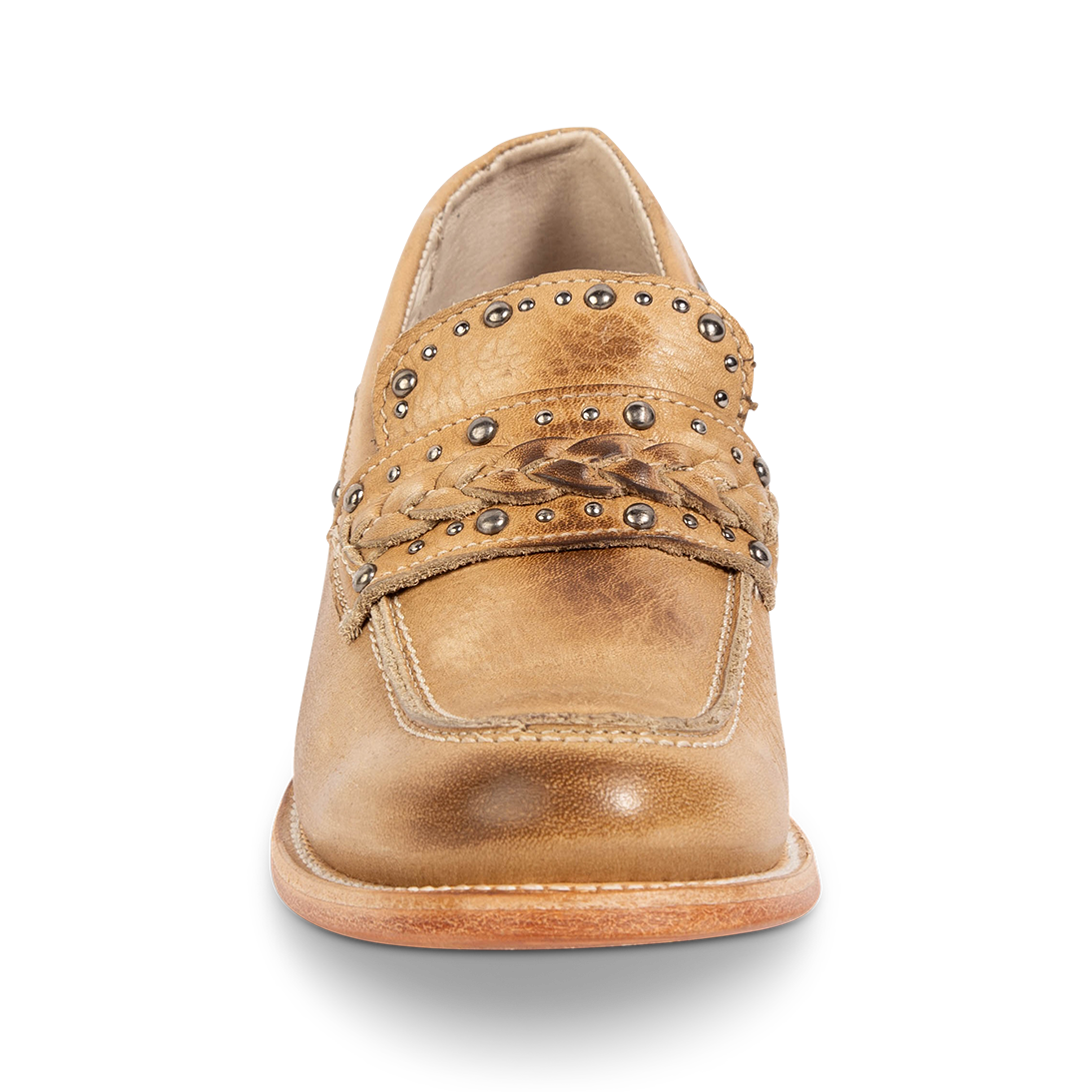 Front view showing FREEBIRD women's Myla beige leather loafer with stud embellishments, braided leather detailing and round toe construction