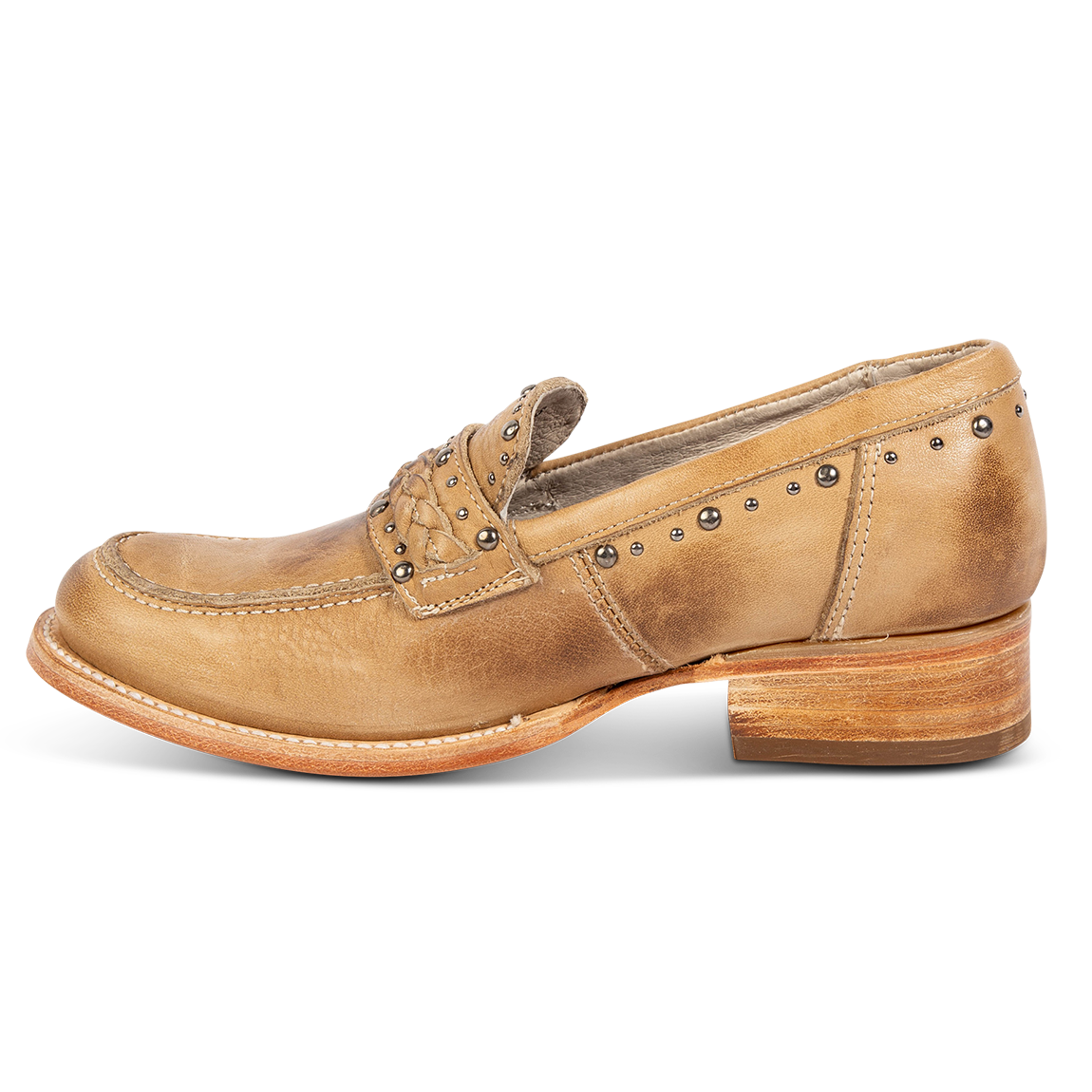 Inside view of FREEBIRD women's Myla beige leather loafer with a low wood heel, stud embellishments and Goodyear welt