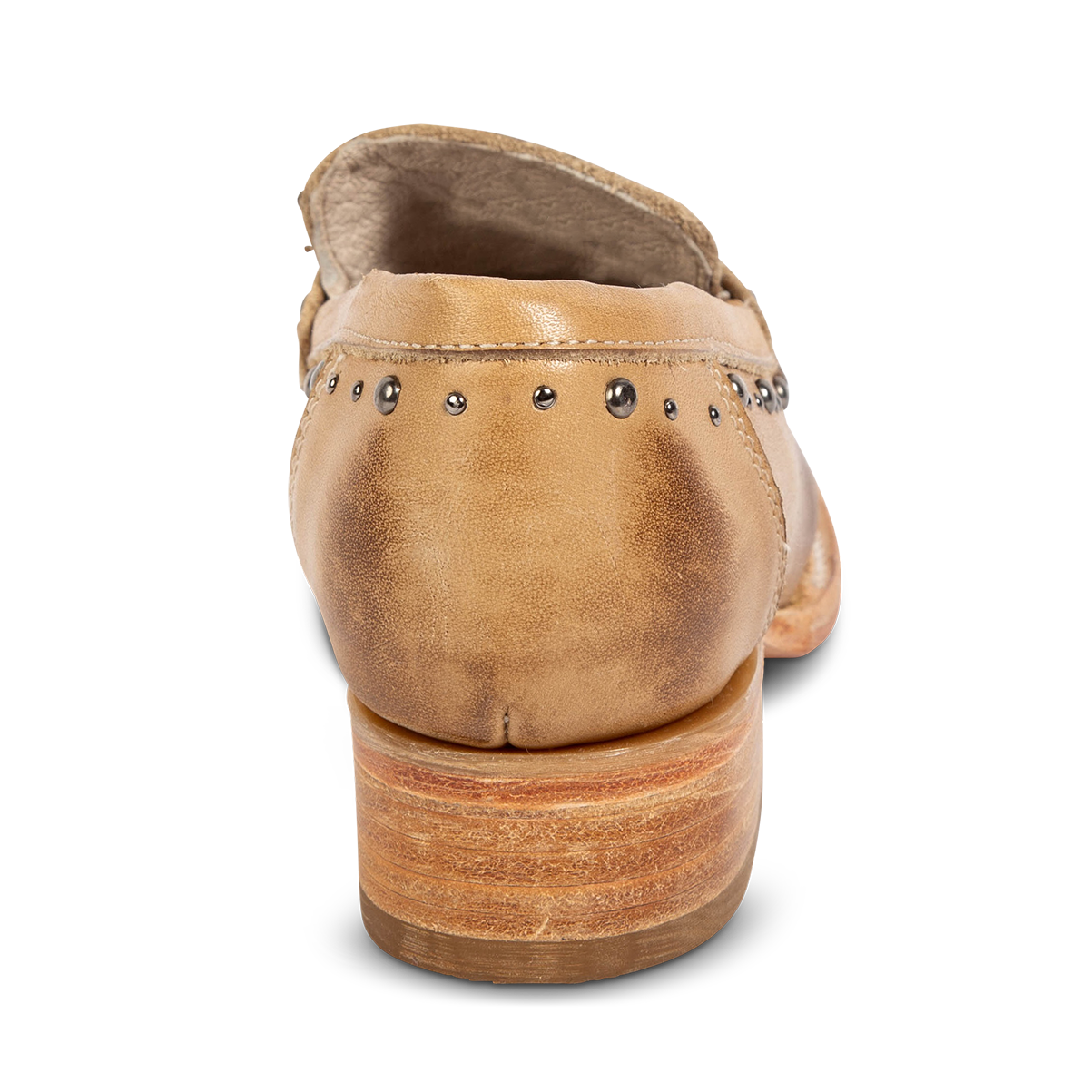 Back view showing FREEBIRD women's Myla beige leather loafer with a low wood heel, stud embellishments and 100% full grain leather