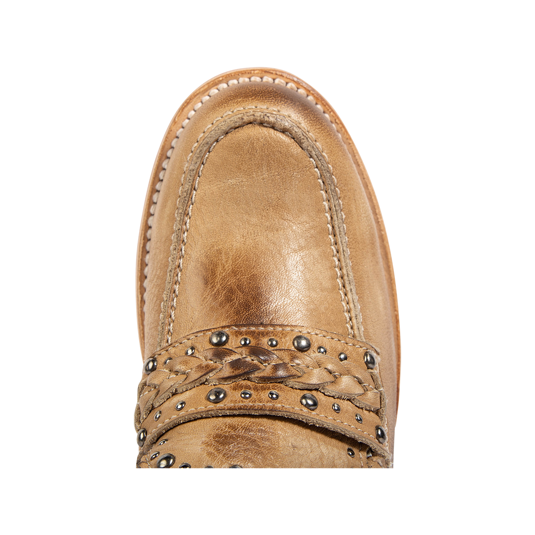 Top view showing FREEBIRD women's Myla beige leather loafer round toe construction
