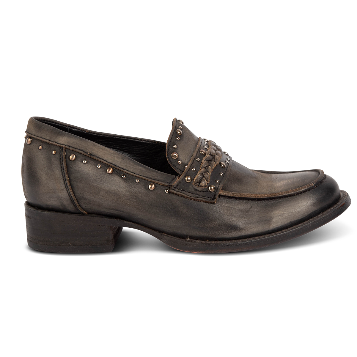 FREEBIRD women's Myla black distressed leather loafer with stud embellishments, flexible tongue and low block heel 