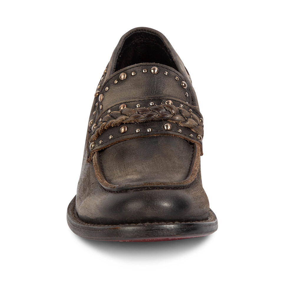 Front view showing FREEBIRD women's Myla black distressed leather loafer with stud embellishments, braided leather detailing and round toe construction