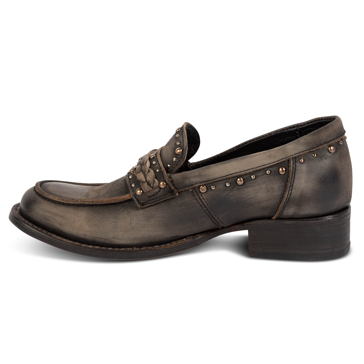 Inside view of FREEBIRD women's Myla black distressed leather loafer with a low wood heel, stud embellishments and Goodyear welt