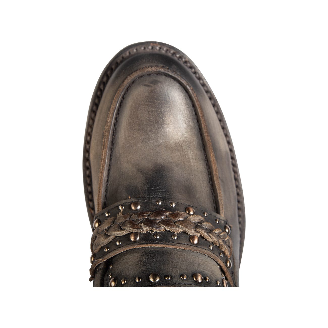 Top view showing FREEBIRD women's Myla black distressed leather loafer round toe construction