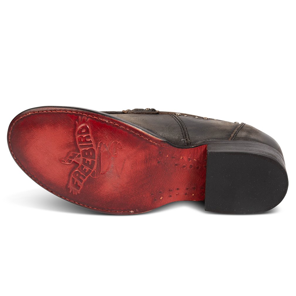 Leather sole imprinted with FREEBIRD on women's Myla black distressed leather loafer