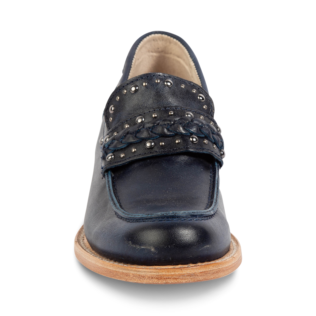 Front view showing FREEBIRD women's Myla blue leather loafer with stud embellishments, braided leather detailing and round toe construction