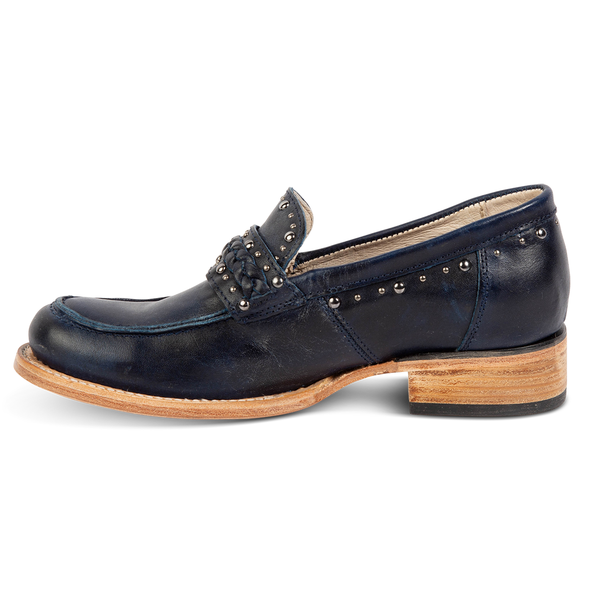 Inside view of FREEBIRD women's Myla blue leather loafer with a low wood heel, stud embellishments and Goodyear welt