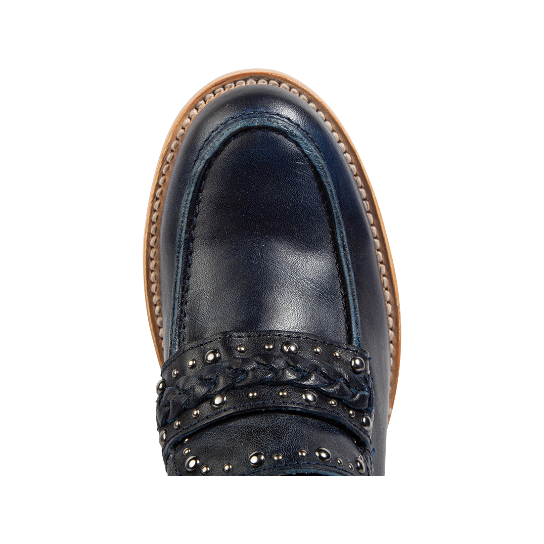 Top view showing FREEBIRD women's Myla blue leather loafer round toe construction