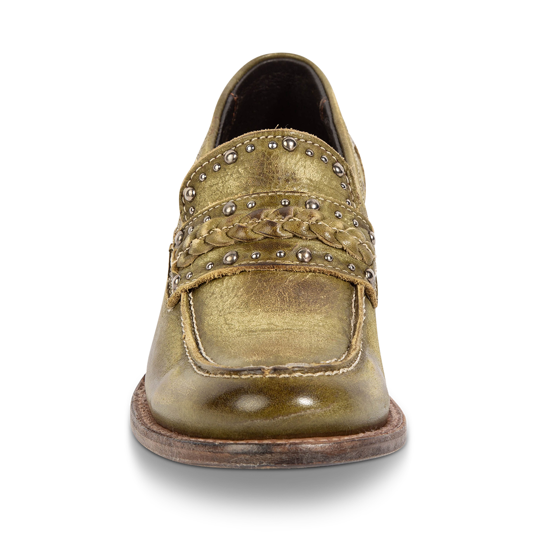 Front view showing FREEBIRD women's Myla olive leather loafer with stud embellishments, braided leather detailing and round toe construction