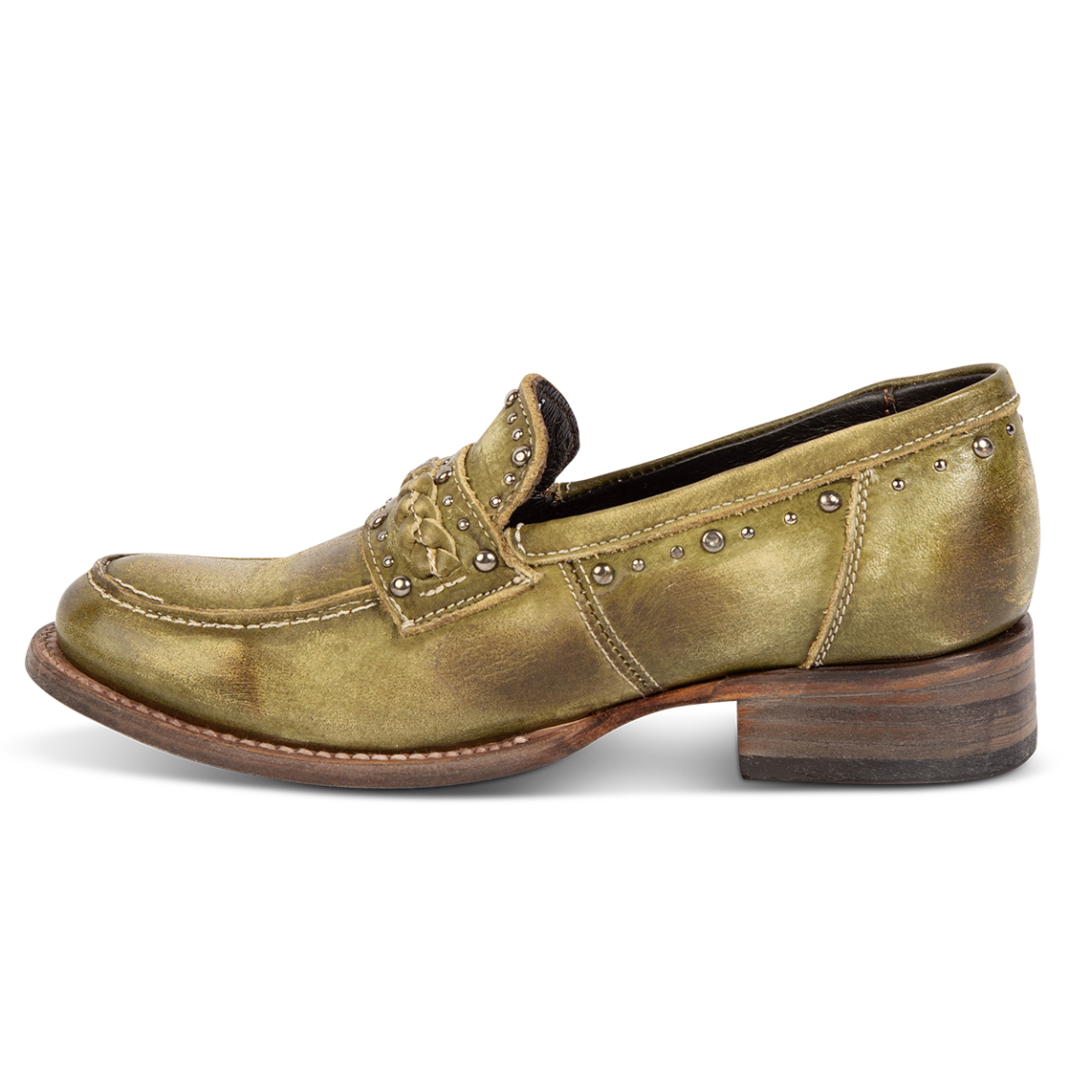 Inside view of FREEBIRD women's Myla olive leather loafer with a low wood heel, stud embellishments and Goodyear welt