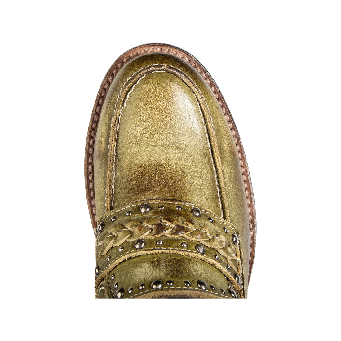 Top view showing FREEBIRD women's Myla olive leather loafer round toe construction