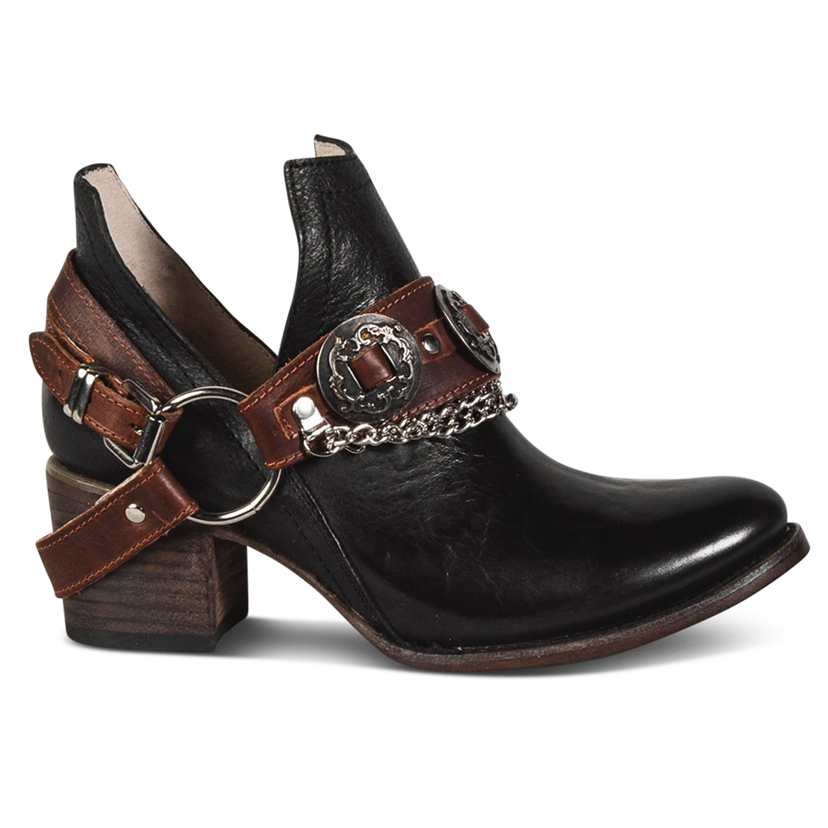 FREEBIRD women's Mystic black leather belted embellished bootie with ankle framing cuts