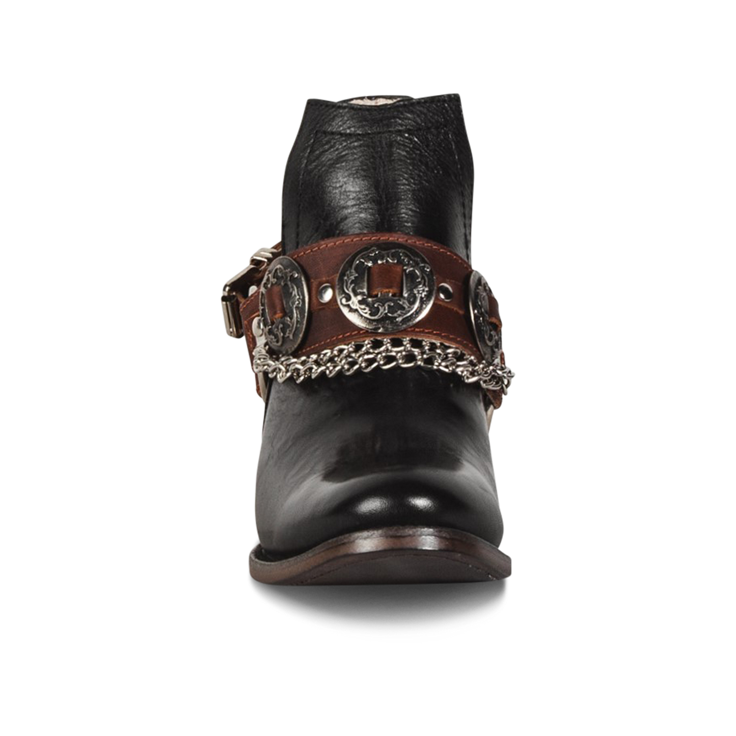 Front view showing western embellished ankle belt with silver hardware on FREEBIRD women's Mystic black bootie 