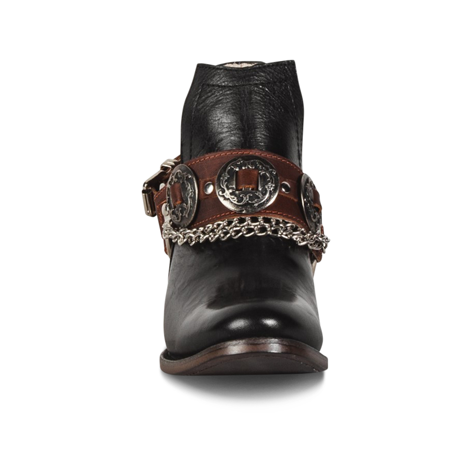 Front view showing western embellished ankle belt with silver hardware on FREEBIRD women's Mystic black bootie 