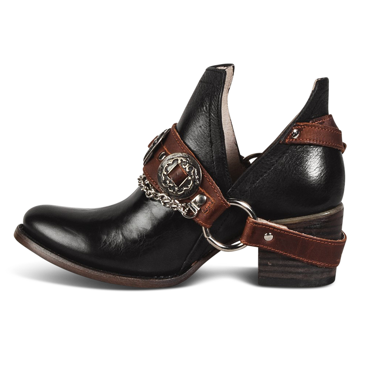 Inside view showing ankle cut-out and embellished leather strap on FREEBIRD women's Mystic black bootie 