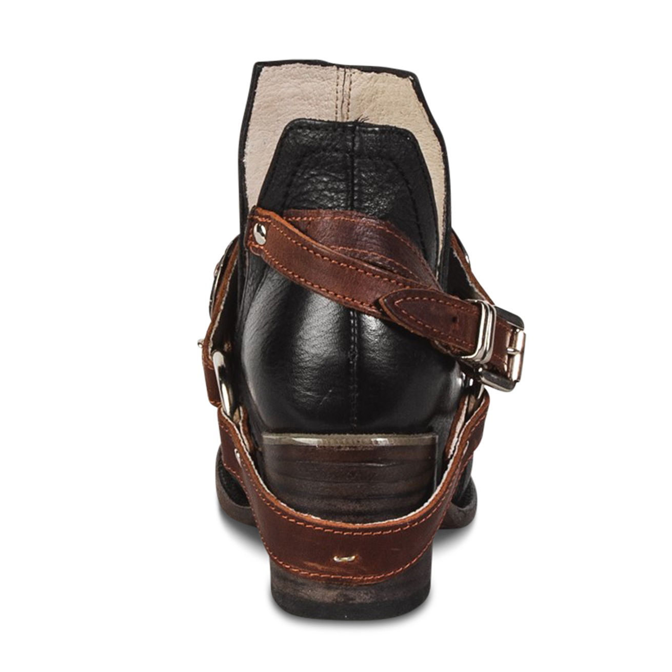 Back view showing contrasting leather ankle straps on FREEBIRD women's Mystic black bootie  