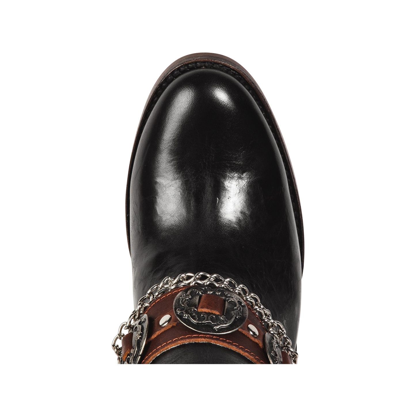 Top view showing almond toe and western embellished ankle strap on FREEBIRD women's Mystic black bootie 