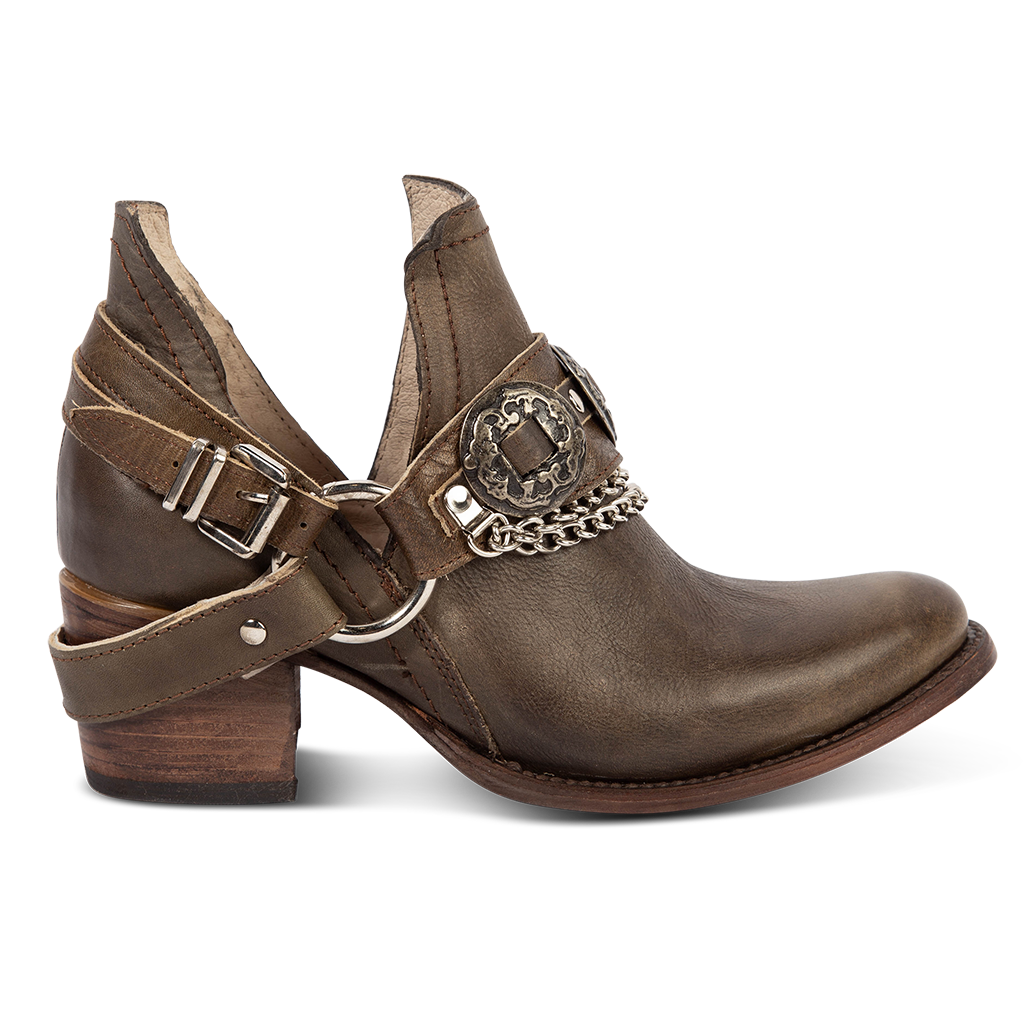 FREEBIRD women's Mystic brown leather belted embellished bootie with ankle framing cuts