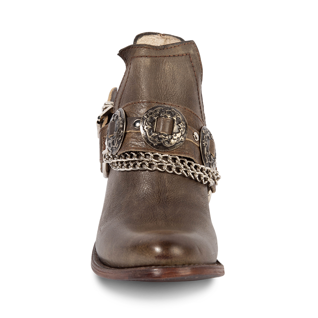 Front view showing FREEBIRD women's Mystic brown leather bootie with silver belt detailing, ankle cut outs and a block heel