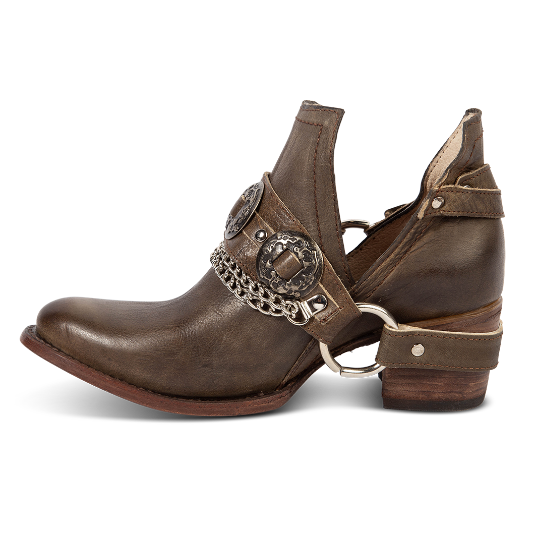 Inside view showing FREEBIRD women's Mystic brown leather bootie with silver belt detailing, ankle cut outs and a block heel