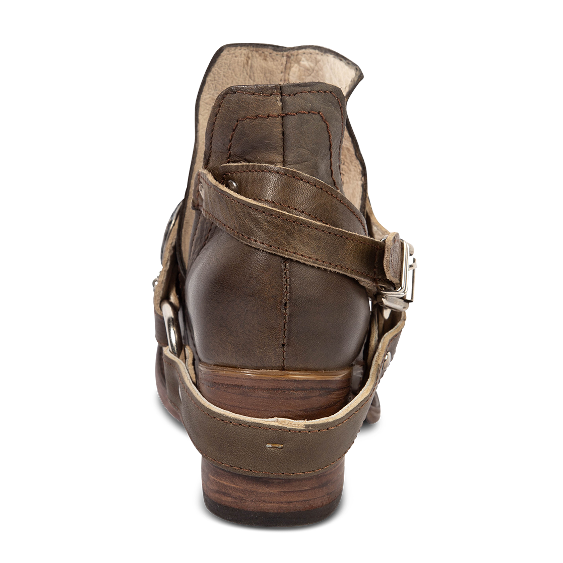 Back view showing FREEBIRD women's Mystic brown leather bootie with a block heel and ankle cutouts