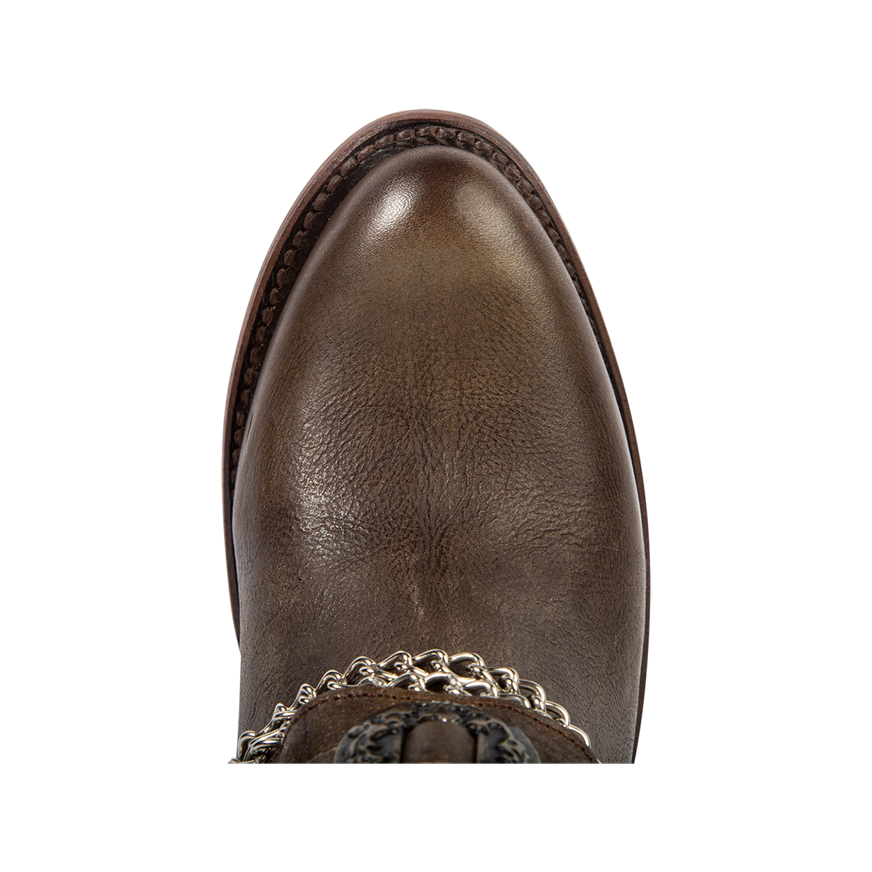 Top view showing an almond toe on FREEBIRD women's Mystic brown leather bootie