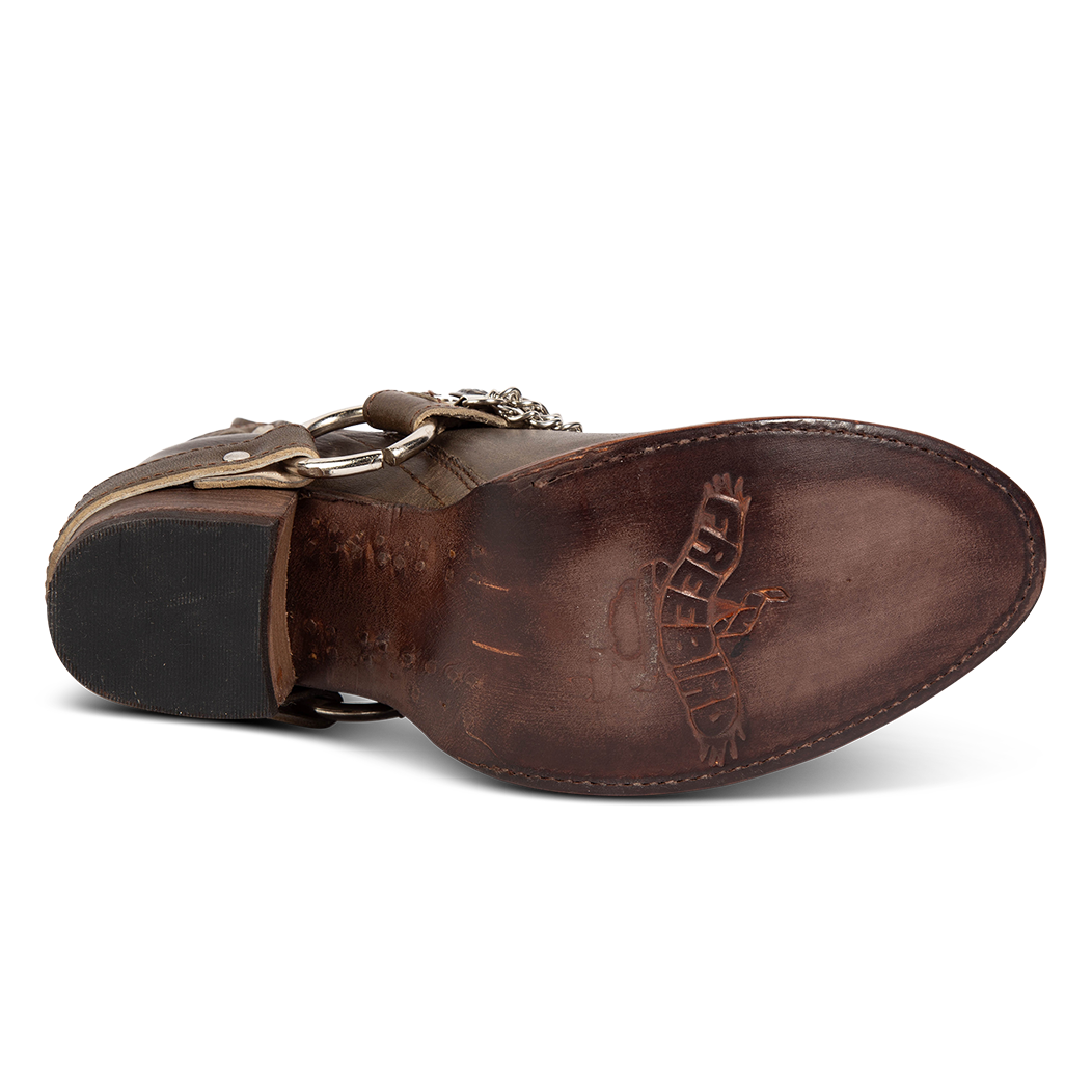 Leather sole imprinted with FREEBIRD on women's Mystic brown leather bootie