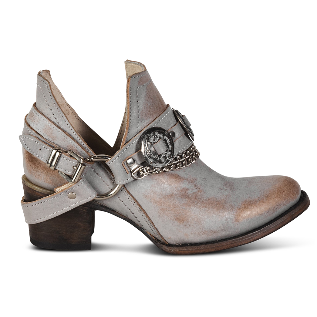 FREEBIRD women's Mystic smoke leather belted embellished bootie with ankle framing cuts