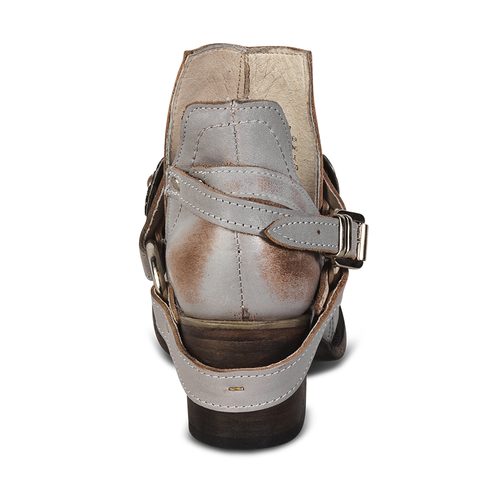Back view showing contrasting leather ankle straps on FREEBIRD women's Mystic smoke bootie