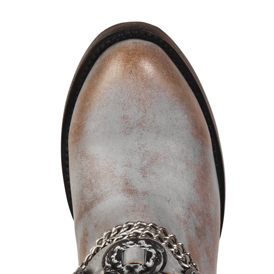 Top view showing almond toe and western embellished ankle strap on FREEBIRD women's Mystic smoke bootie