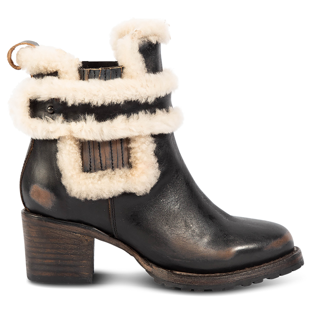 FREEBIRD women's Neverland black leather bootie with genuine shearling removable lining, gore detailing and a stacked heel