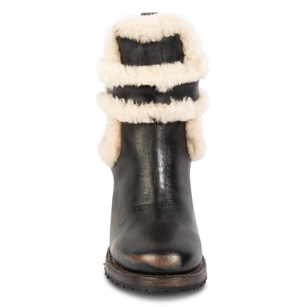 Front view showing FREEBIRD women's Neverland black leather bootie with genuine shearling removable lining, gore detailing and a stacked heel