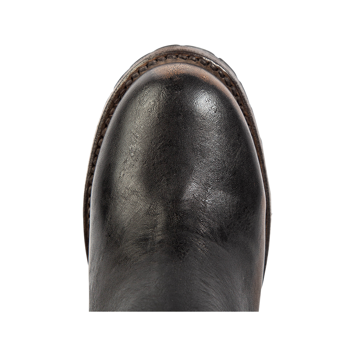 Top view showing a rounded toe and 100% full grain leather on FREEBIRD women's Neverland black leather bootie
