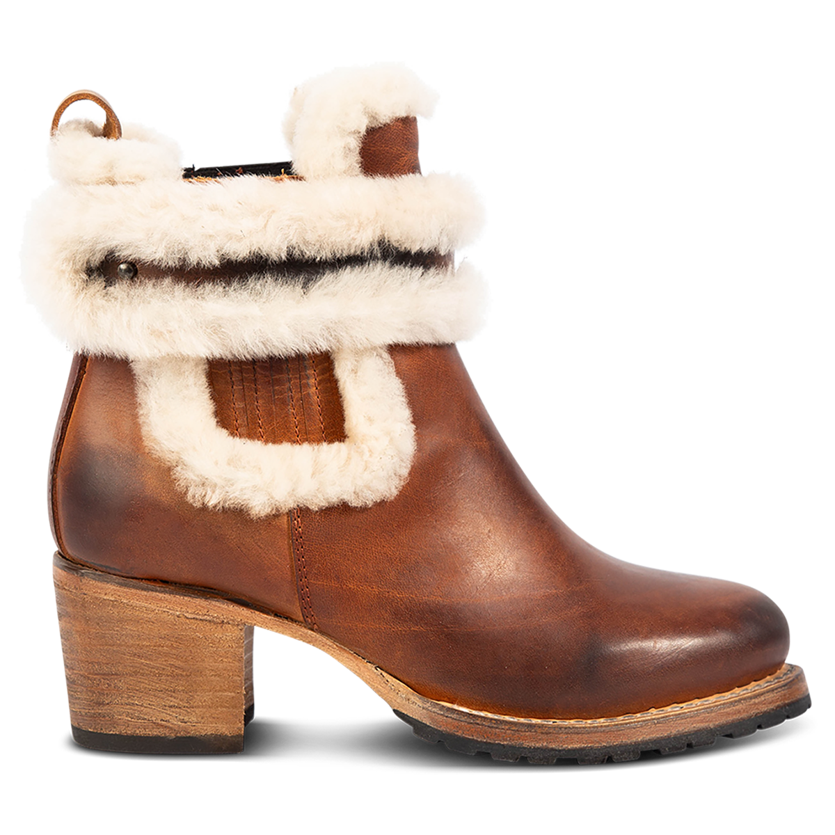 FREEBIRD women's Neverland tan leather bootie with genuine shearling decorative lining, gore detailing and a rubber tread sole
