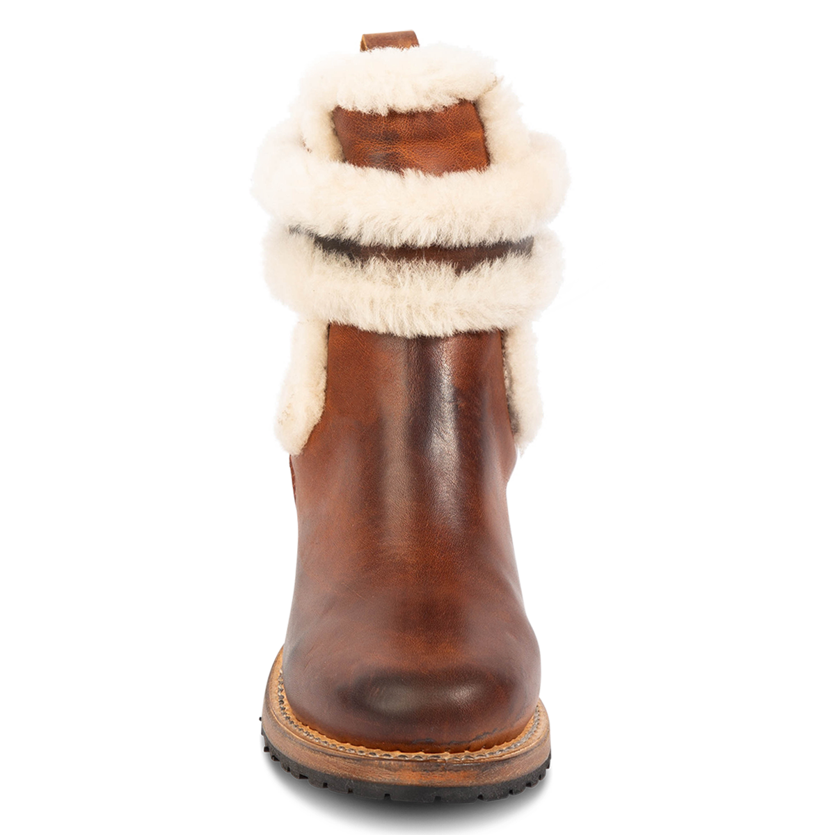 Front view showing FREEBIRD women's Neverland tan leather bootie with genuine shearling shaft lining, a rounded toe and rubber tread sole
