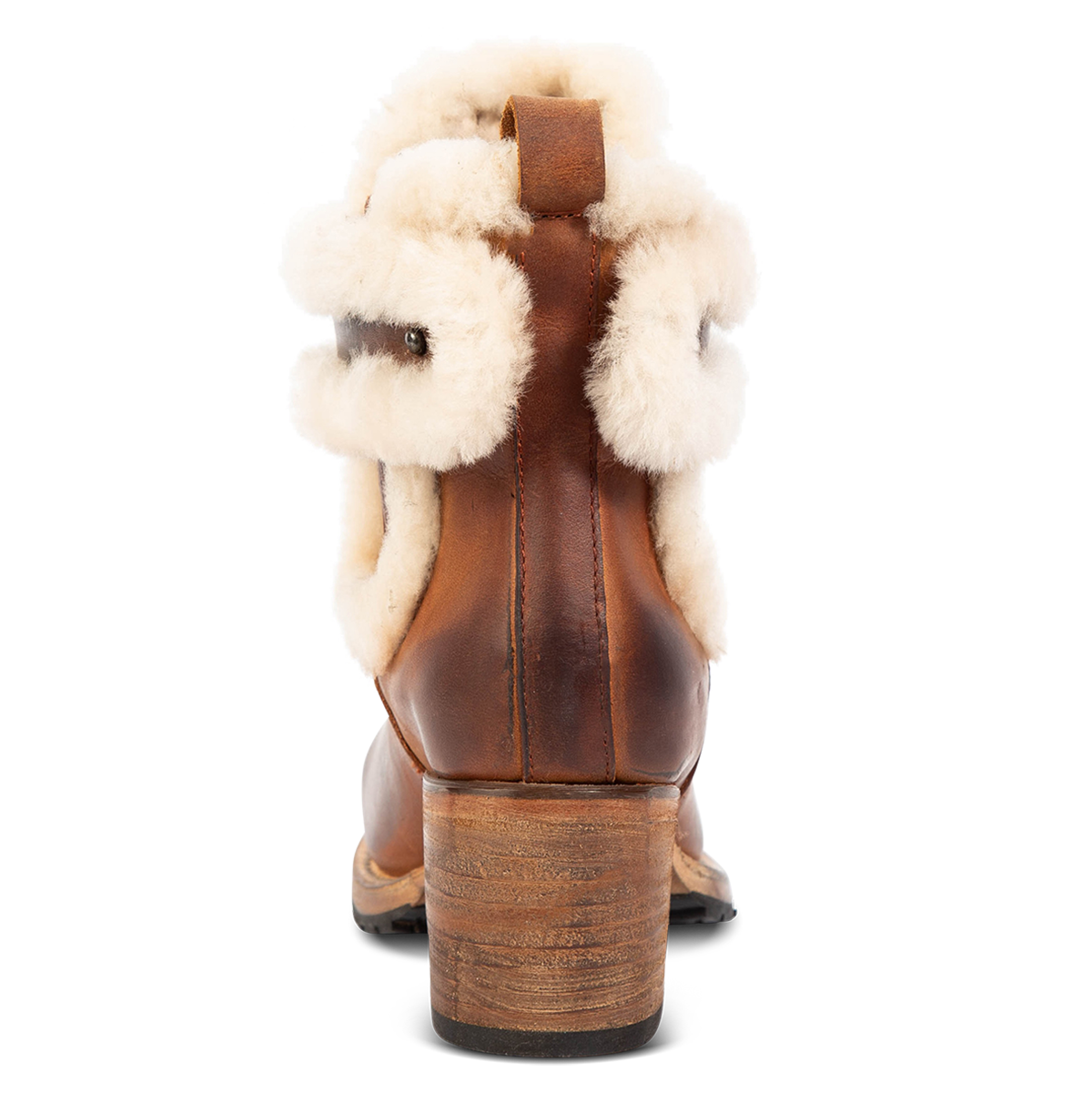 Back view showing genuine shearling detail lining and a stacked heel on FREEBIRD women's Neverland tan leather bootie