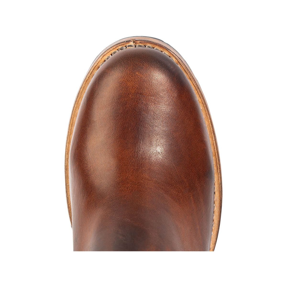 Top view showing a rounded toe and 100% full grain leather on FREEBIRD women's Neverland tan leather bootie