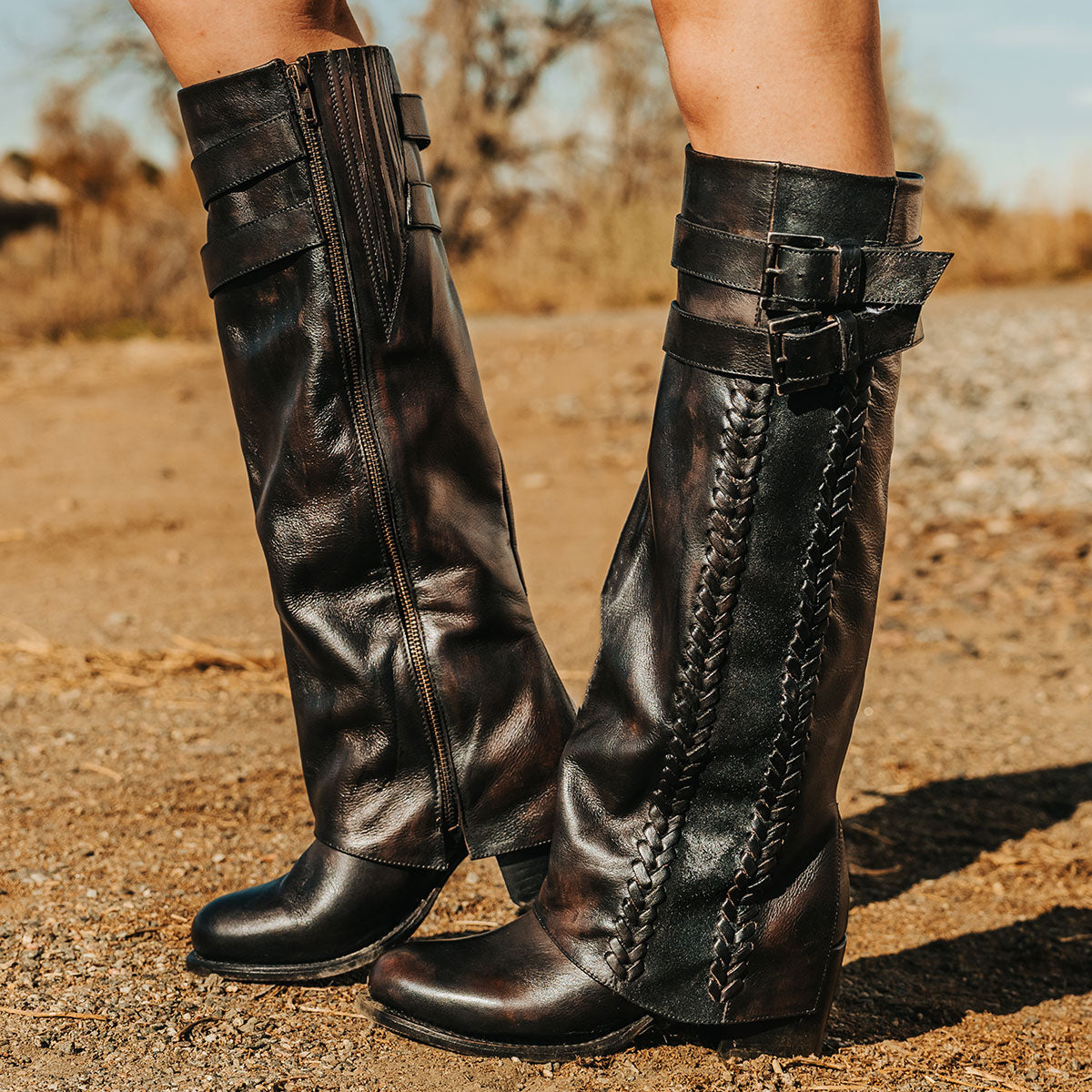 FREEBIRD women's Nighthawk black tall boot with braided inlay detailing, brass zip closure, and round toe