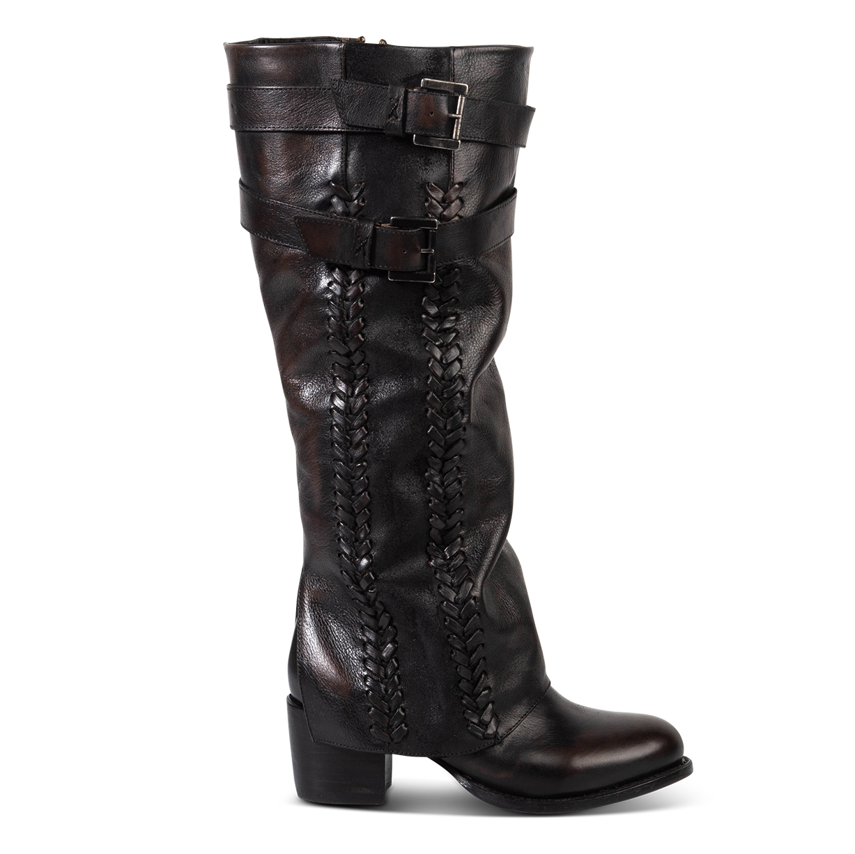 FREEBIRD women's Nighthawk black tall boot with braided inlay detailing, brass zip closure, and round toe