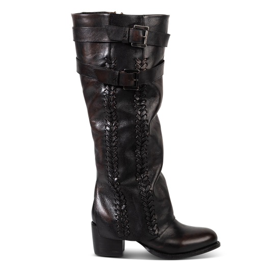 FREEBIRD women's Nighthawk black tall boot with braided inlay detailing, brass zip closure, and round toe
