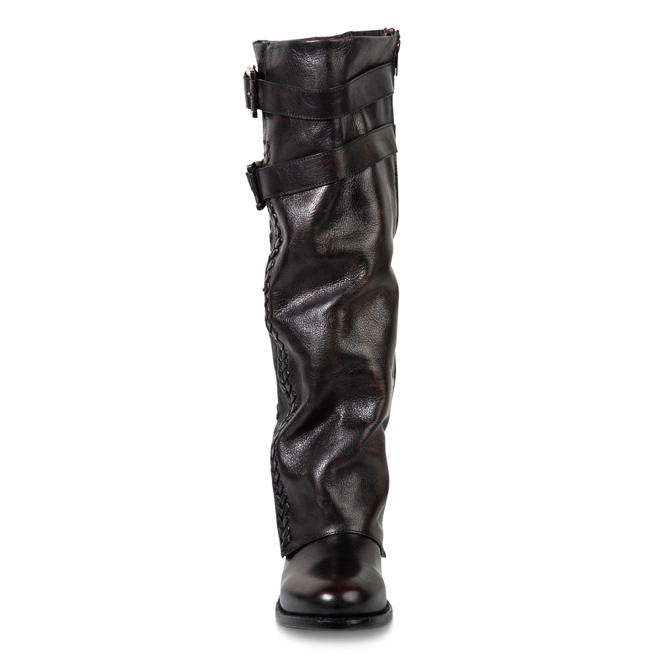 Front view showing relaxed shaft silhouette and two leather straps on FREEBIRD women's Nighthawk black boot 