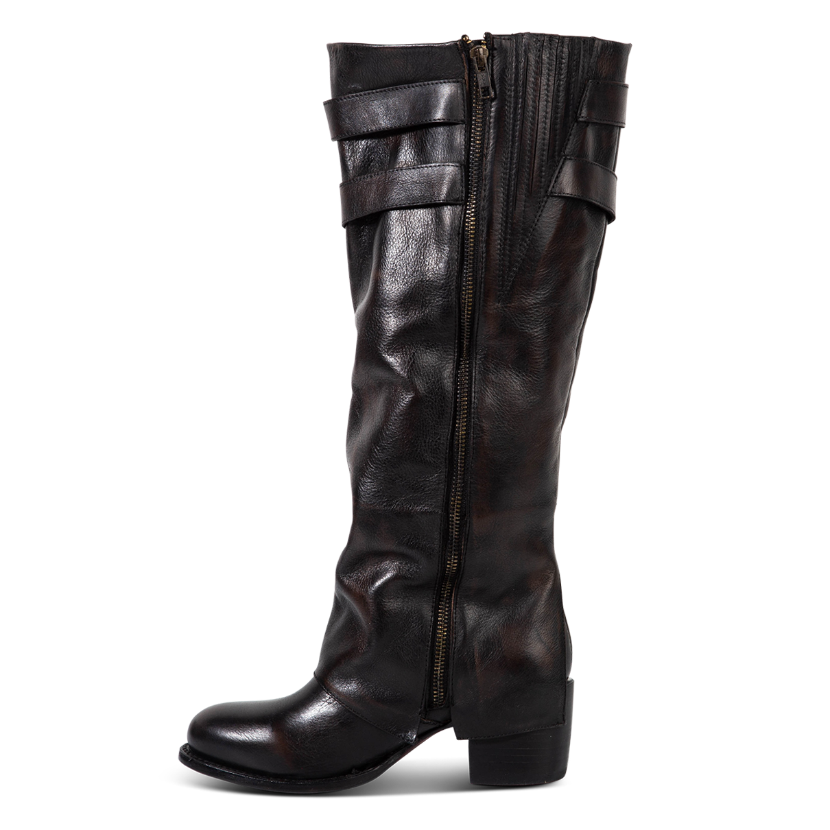 Inside view showing gore detailing and brass zip closure on FREEBIRD women's Nighthawk black boot