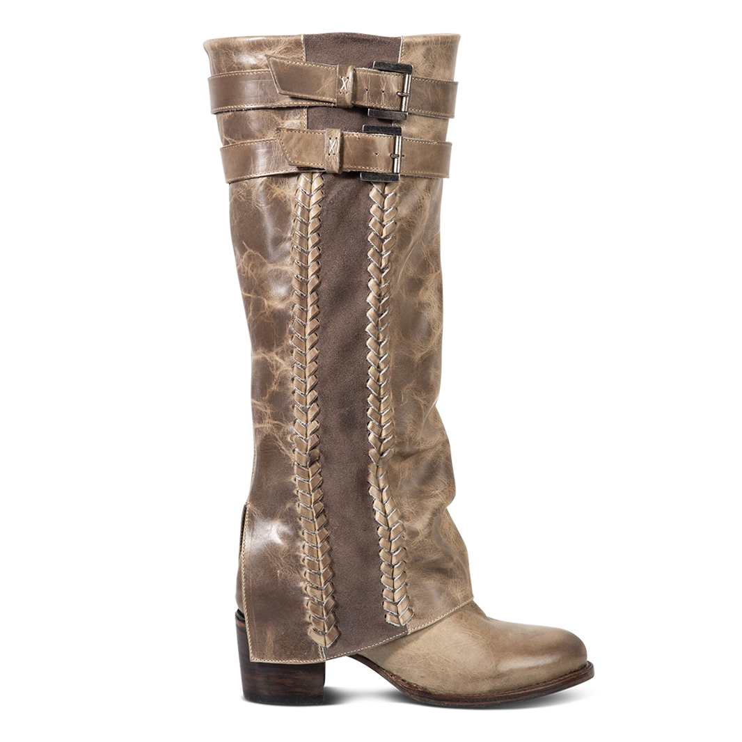 FREEBIRD women's Nighthawk stone tall boot with braided inlay detailing, brass zip closure, and round toe