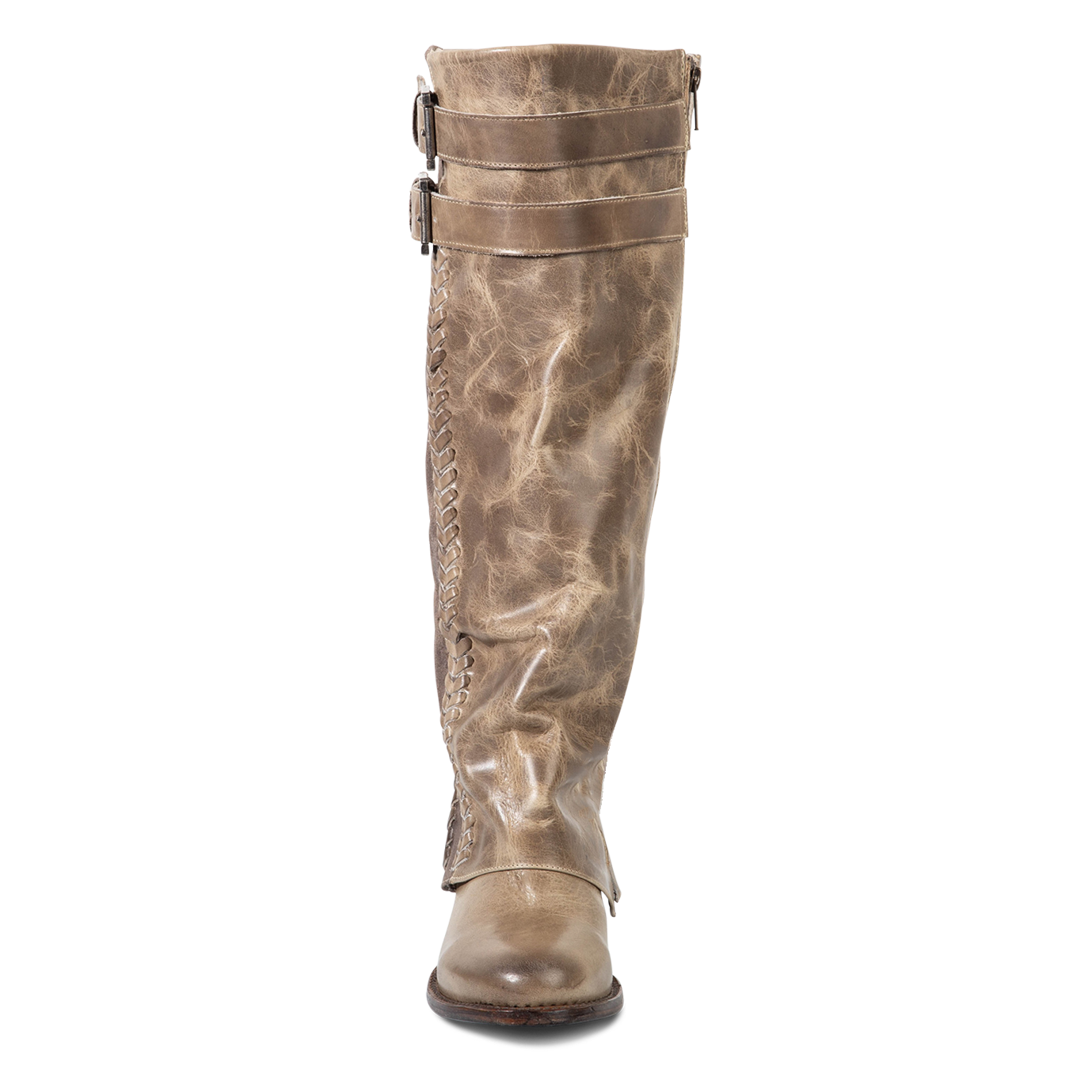 Front view showing relaxed shaft silhouette and two leather straps on FREEBIRD women's Nighthawk stone boot 