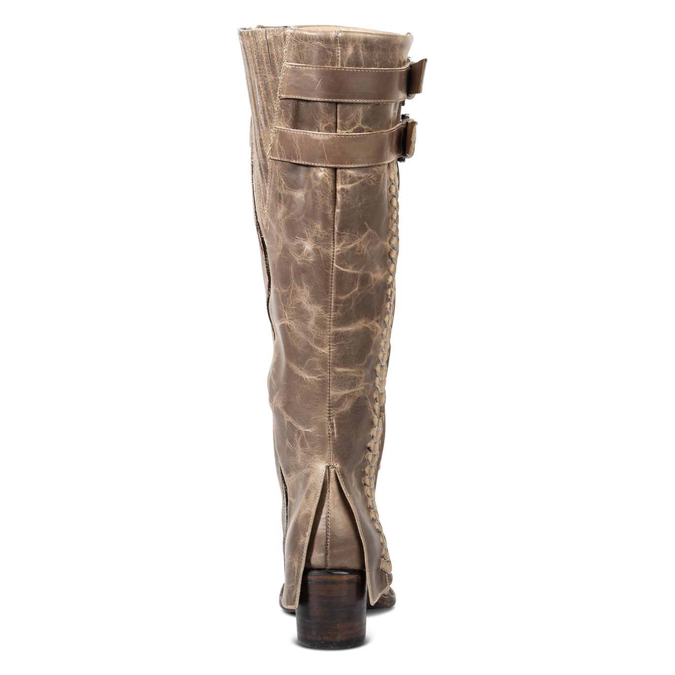 Back view showing shaft overlay and low heel on FREEBIRD women's Nighthawk stone boot
