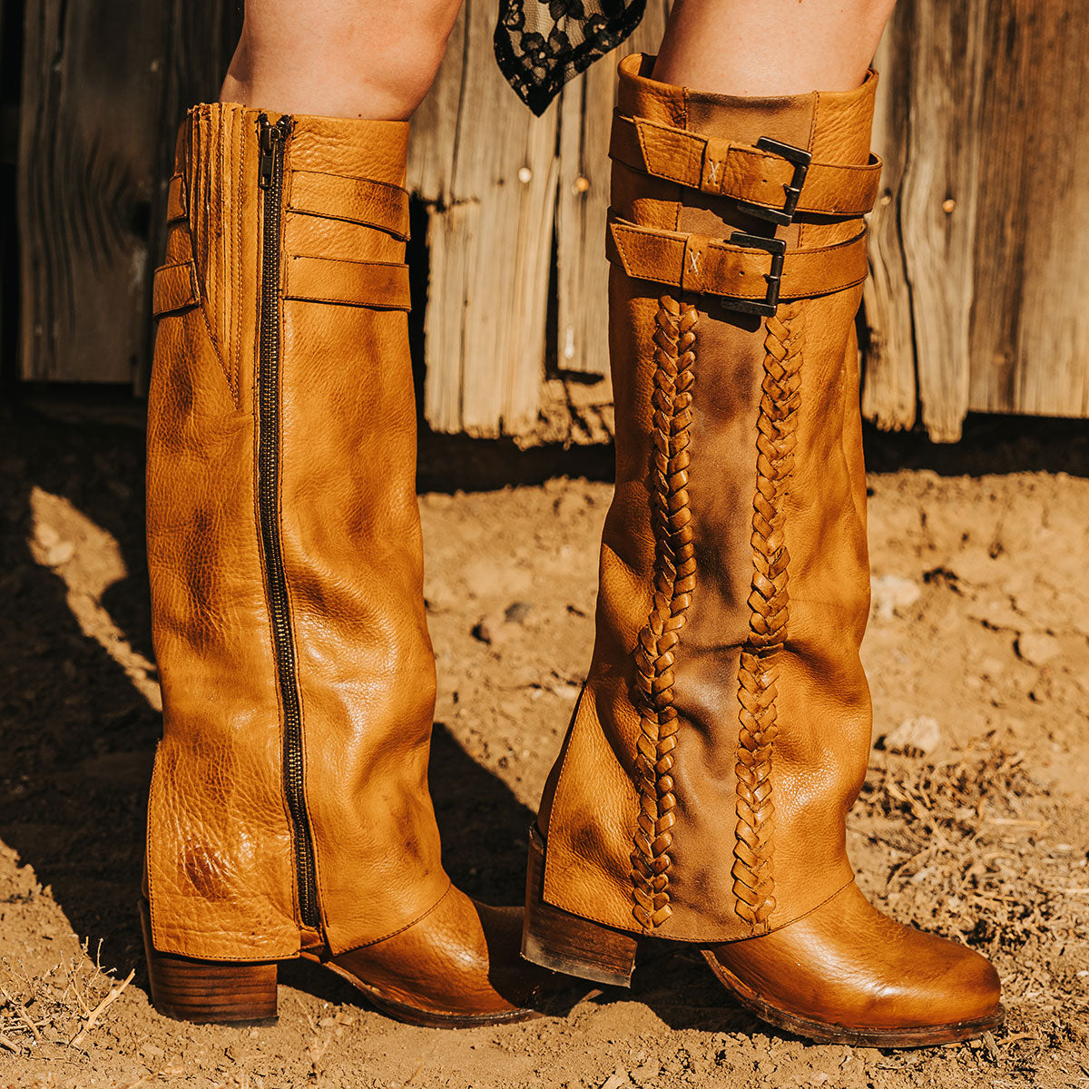 FREEBIRD women's Nighthawk wheat tall boot with braided inlay detailing, brass zip closure, and round toe