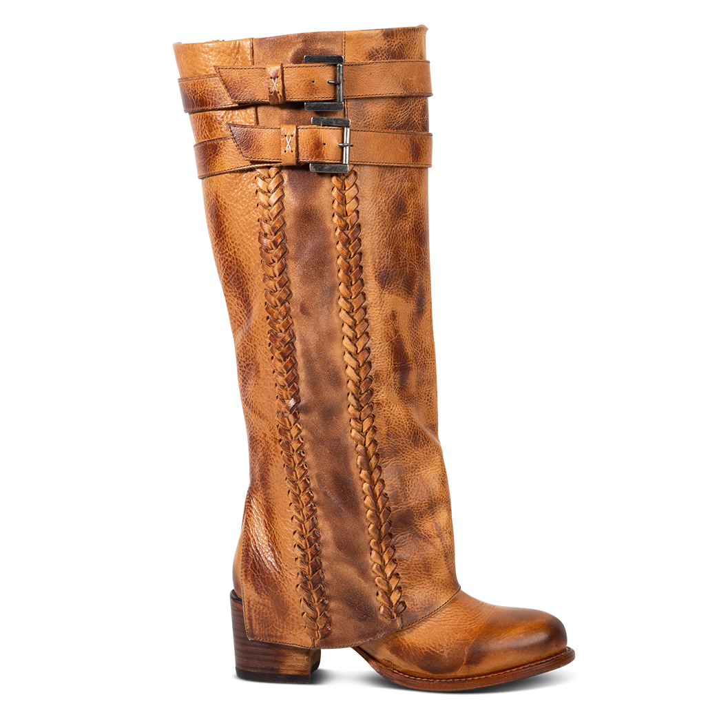 FREEBIRD women's Nighthawk wheat tall boot with braided inlay detailing, brass zip closure, and round toe