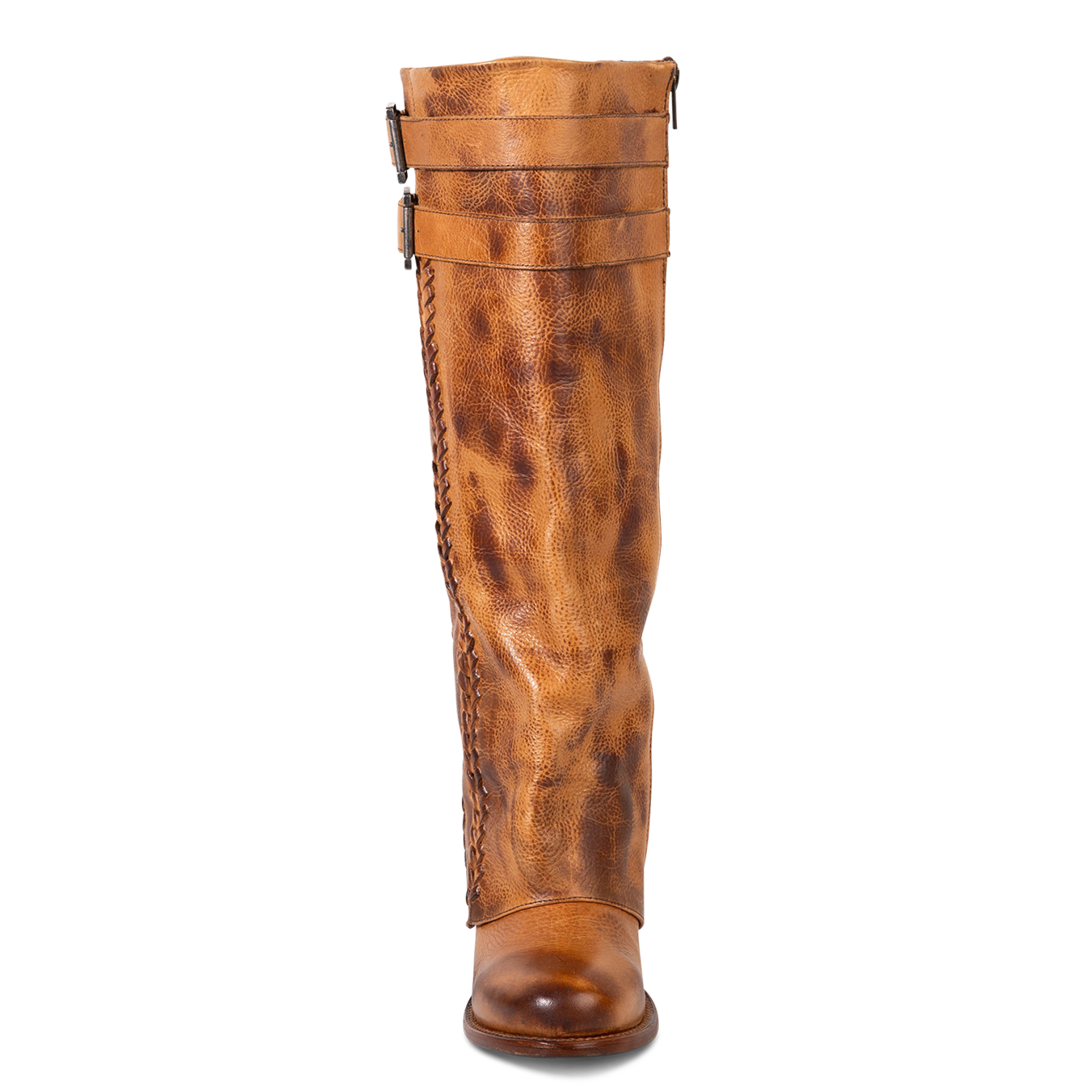 Front view showing relaxed shaft silhouette and two leather straps on FREEBIRD women's Nighthawk wheat boot 