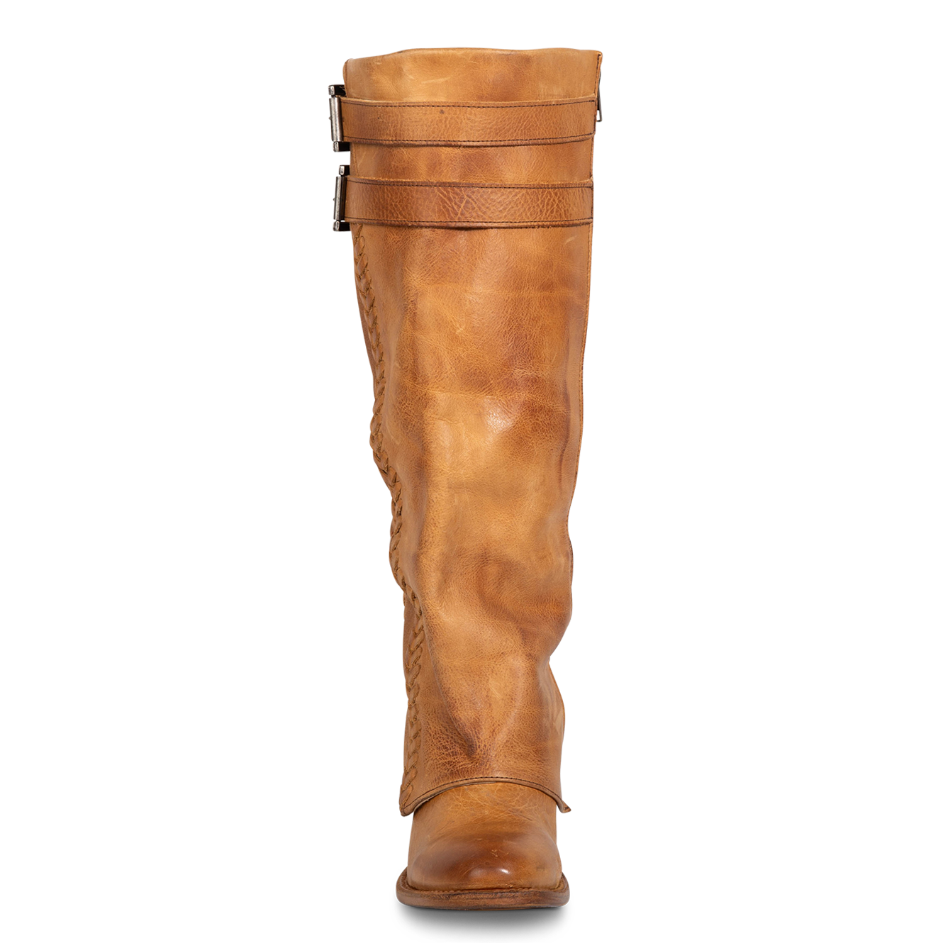 Front view showing relaxed shaft silhouette and two leather straps on FREEBIRD women's Nighthawk wheat boot