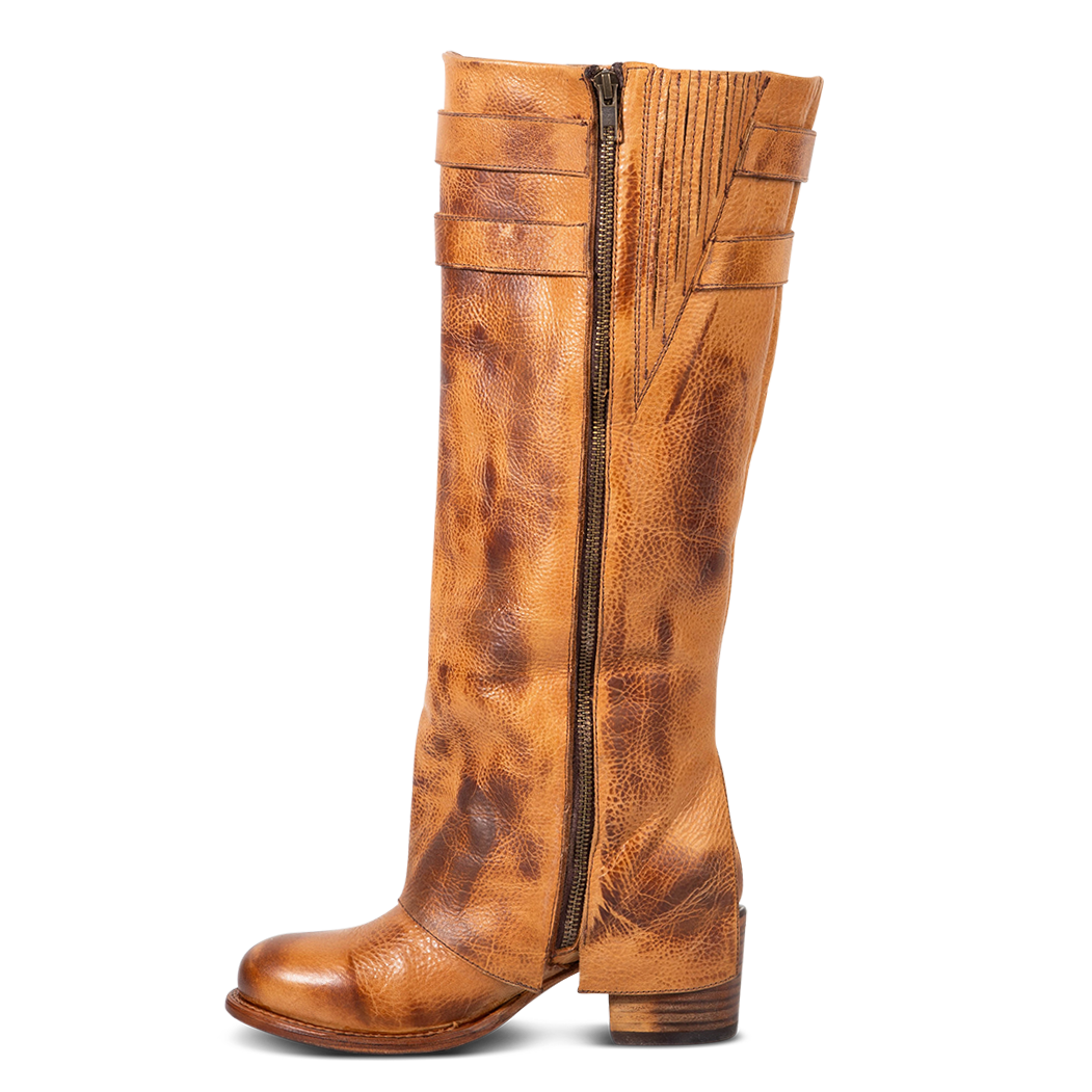 Inside view showing gore detailing and brass zip closure on FREEBIRD women's Nighthawk wheat boot